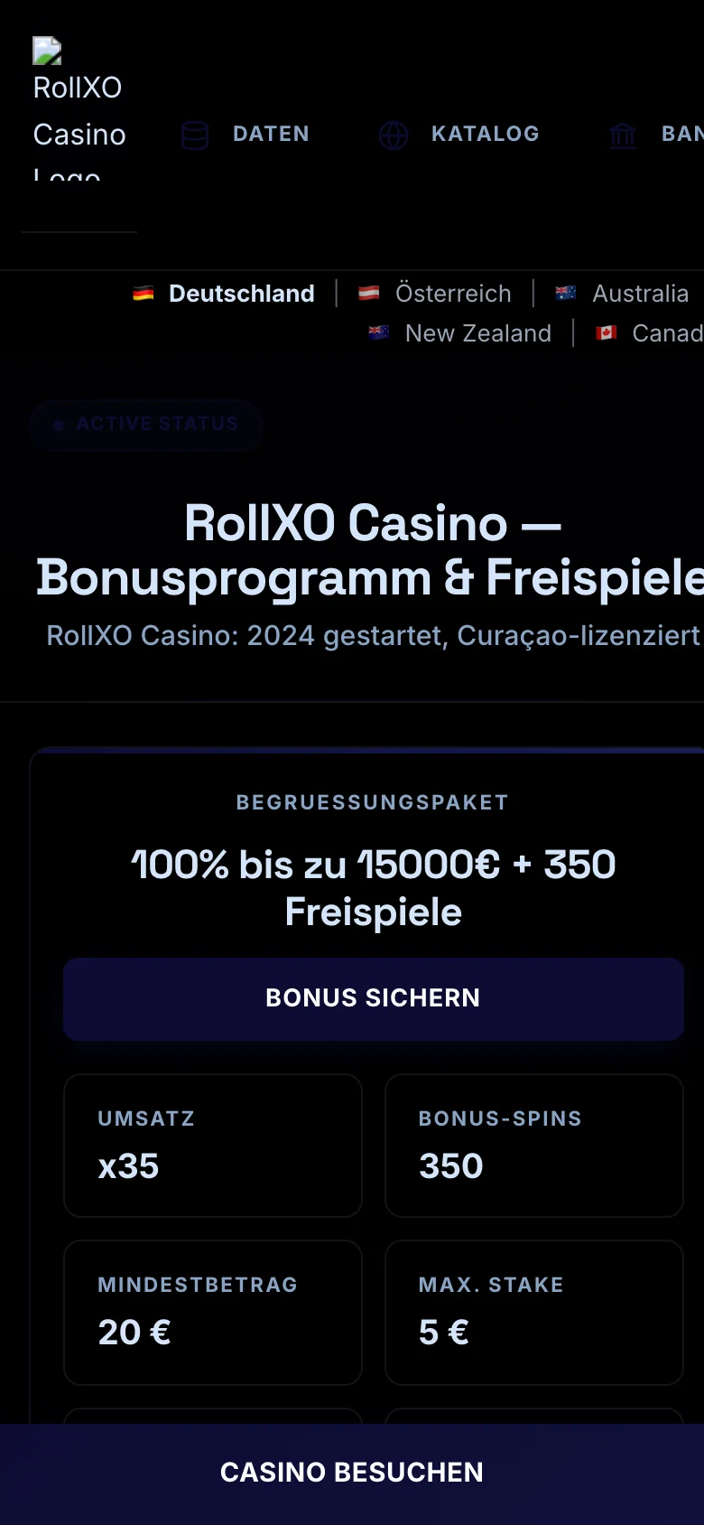 RollXO Casino mobile lobby screenshot