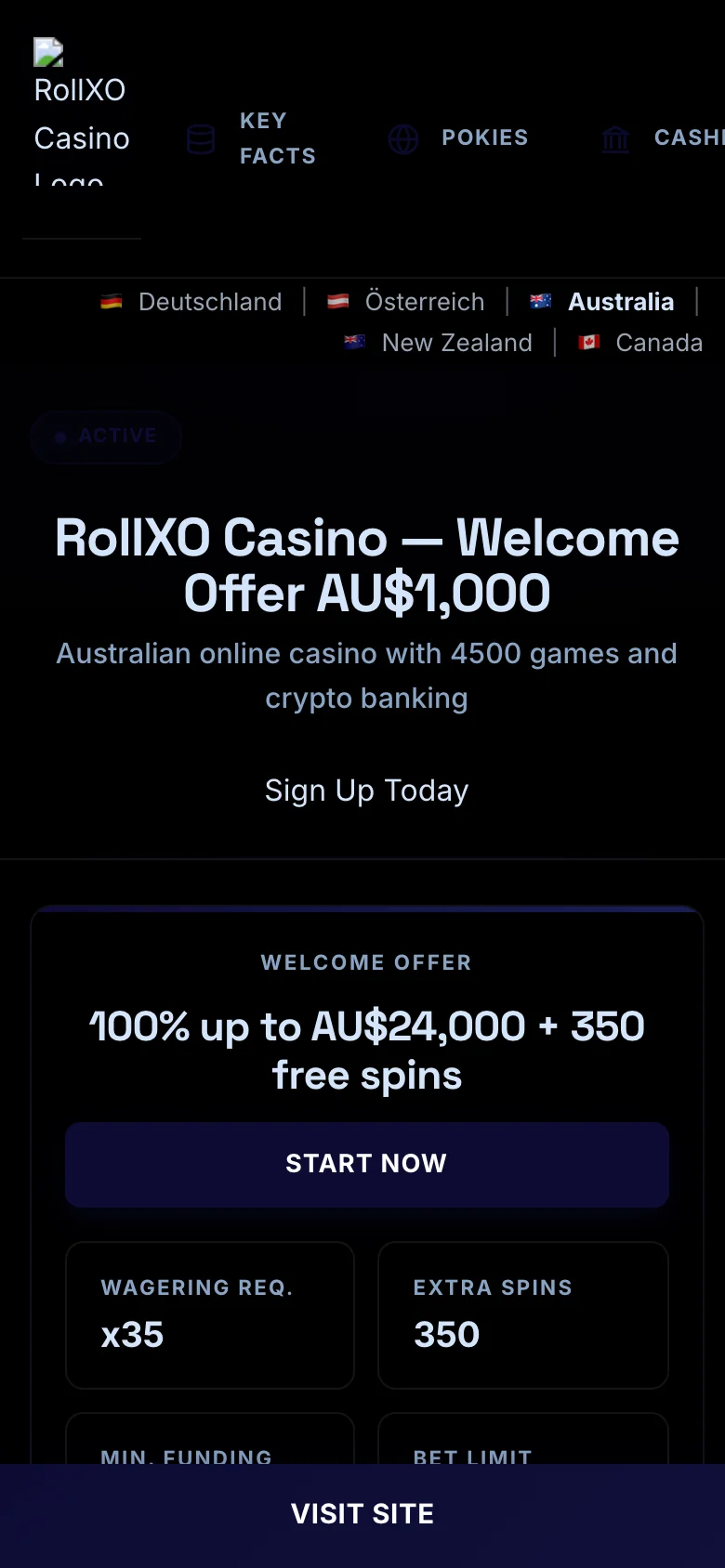 RollXO Casino mobile lobby screenshot