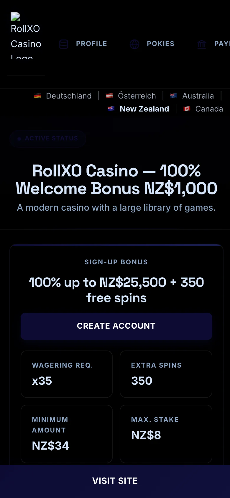 RollXO Casino mobile lobby screenshot