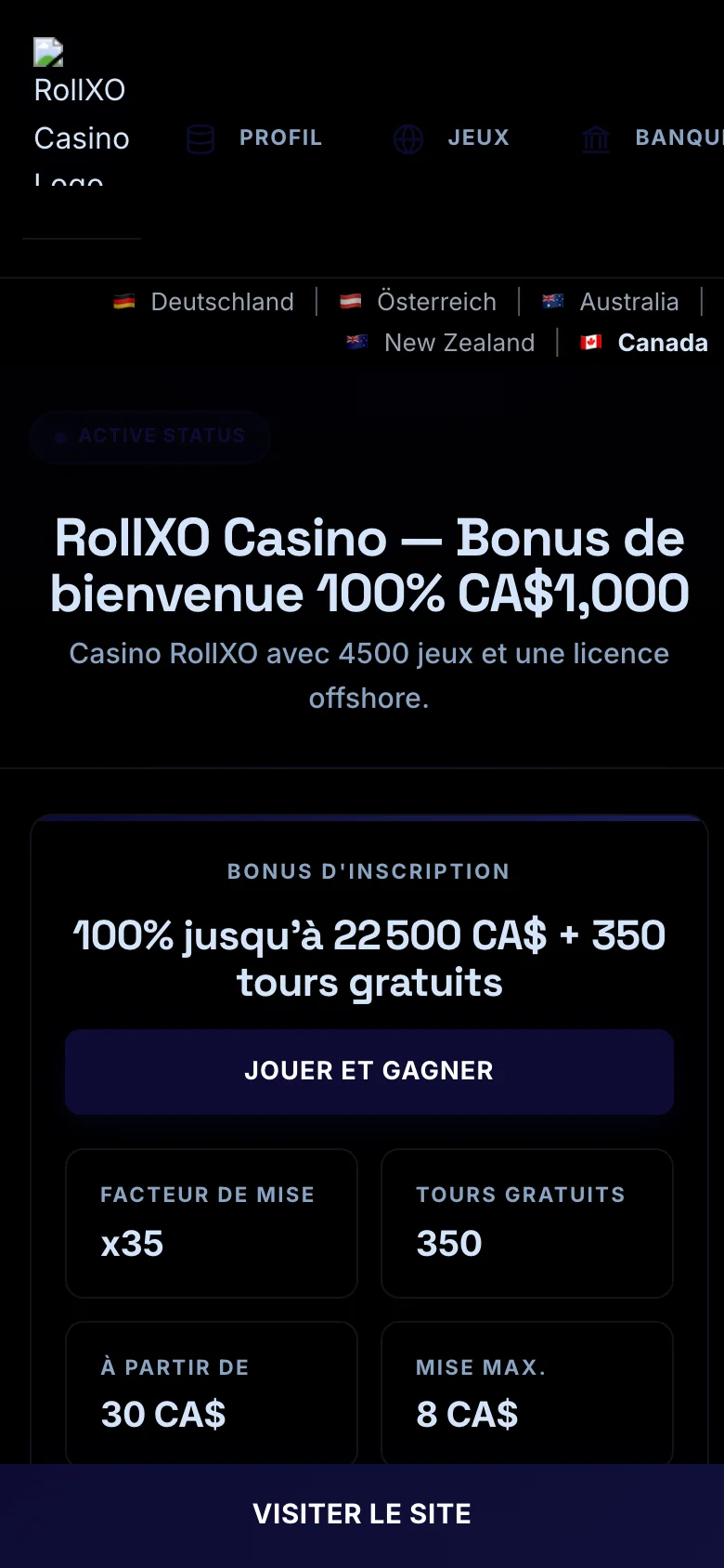 RollXO Casino mobile lobby screenshot